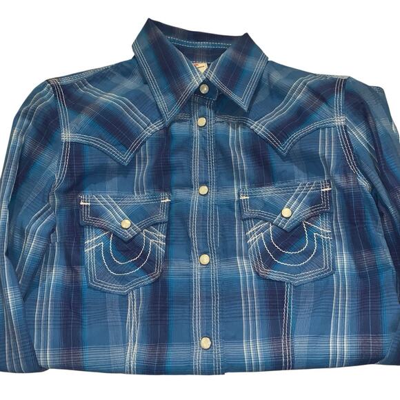 True Religion Top Womens XS Blue Plaid Pearl Snap Yoked Western Rodeo Riding - Picture 10 of 16